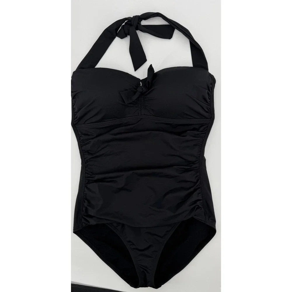 Tommy Bahama Pearl Shirred Halter One Piece Swimsuit Black Ruched Sweetheart M